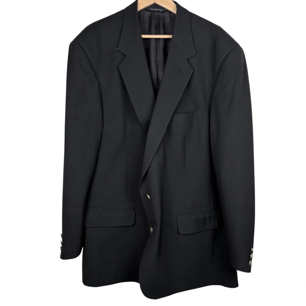 Vintage Burberrys Super 100s Wool‎ Black Blazer Gold Crest Buttons Men's XL